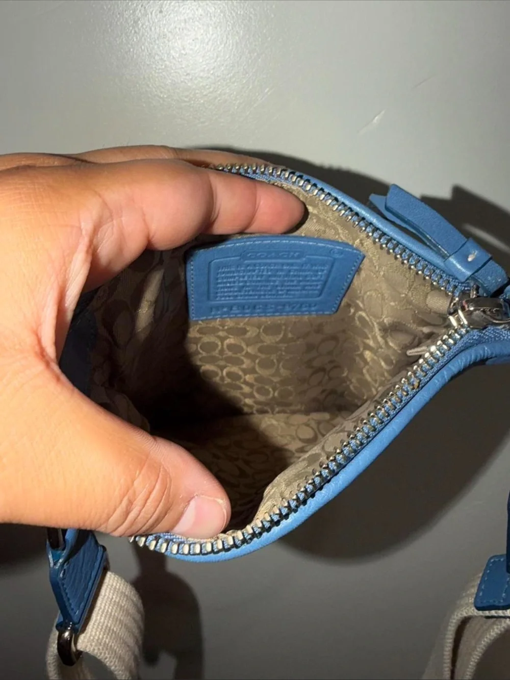 Coach Blue Pebbled Leather Crossbody with Stud Accents
